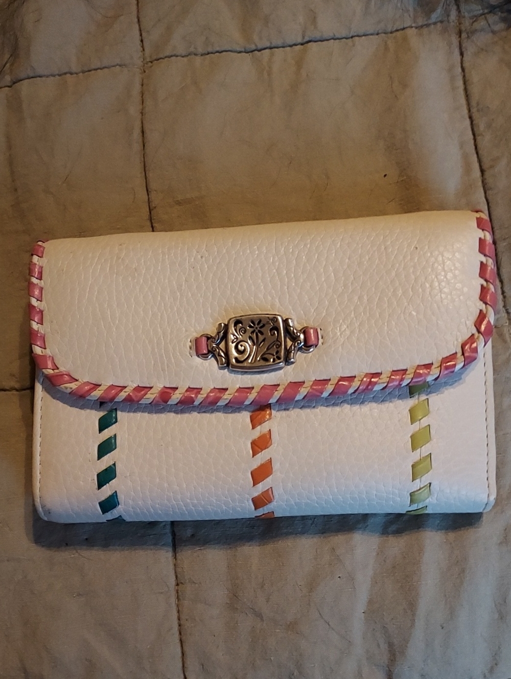 Brighton Wallet Tri Fold White With Pink, Blue, Orange & Green Lacing